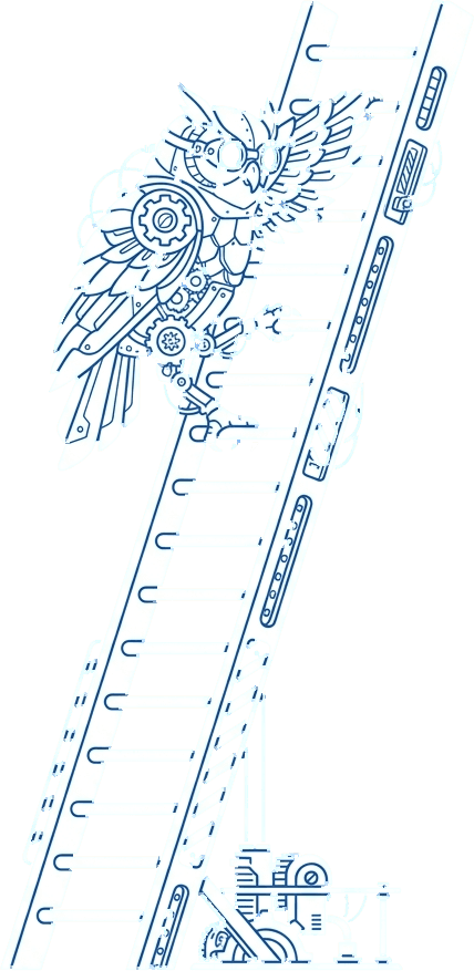 A mechanical owl climbing a steel ladder of plain rungs